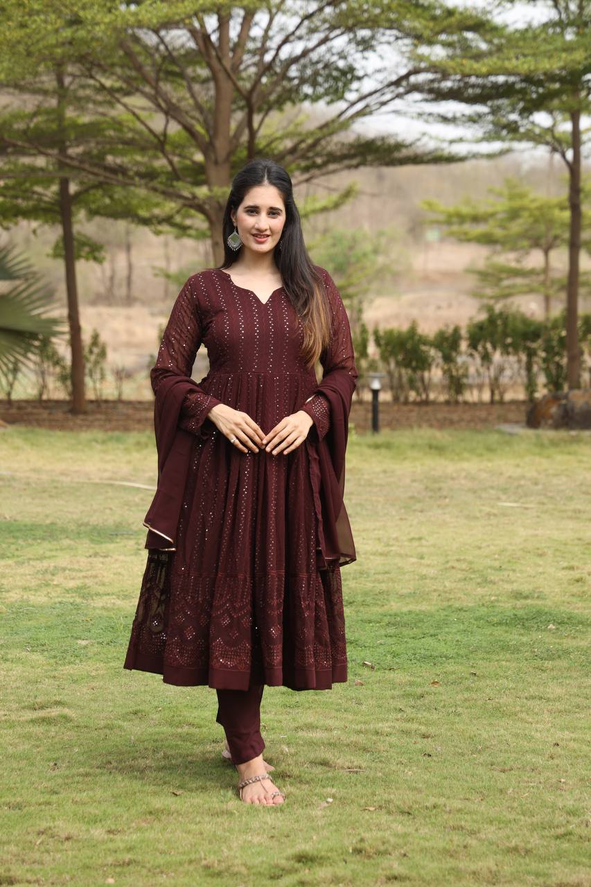 BROWN PREMIUM READYMADE  ANARKALI SUIT SET FOR WOMEN