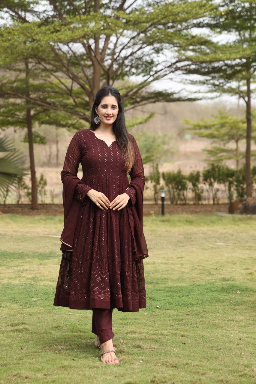 BROWN PREMIUM READYMADE  ANARKALI SUIT SET FOR WOMEN