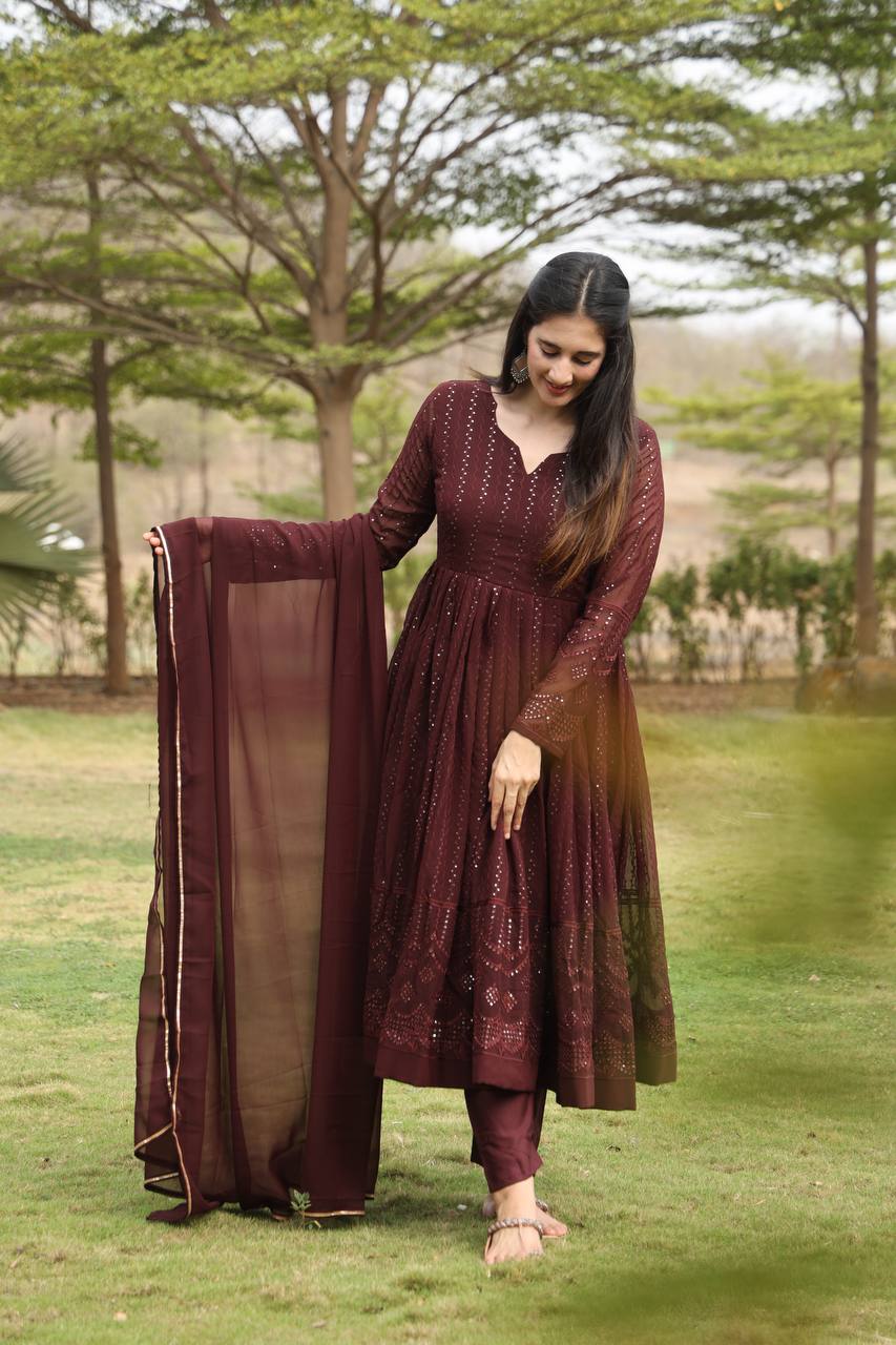 BROWN PREMIUM READYMADE  ANARKALI SUIT SET FOR WOMEN