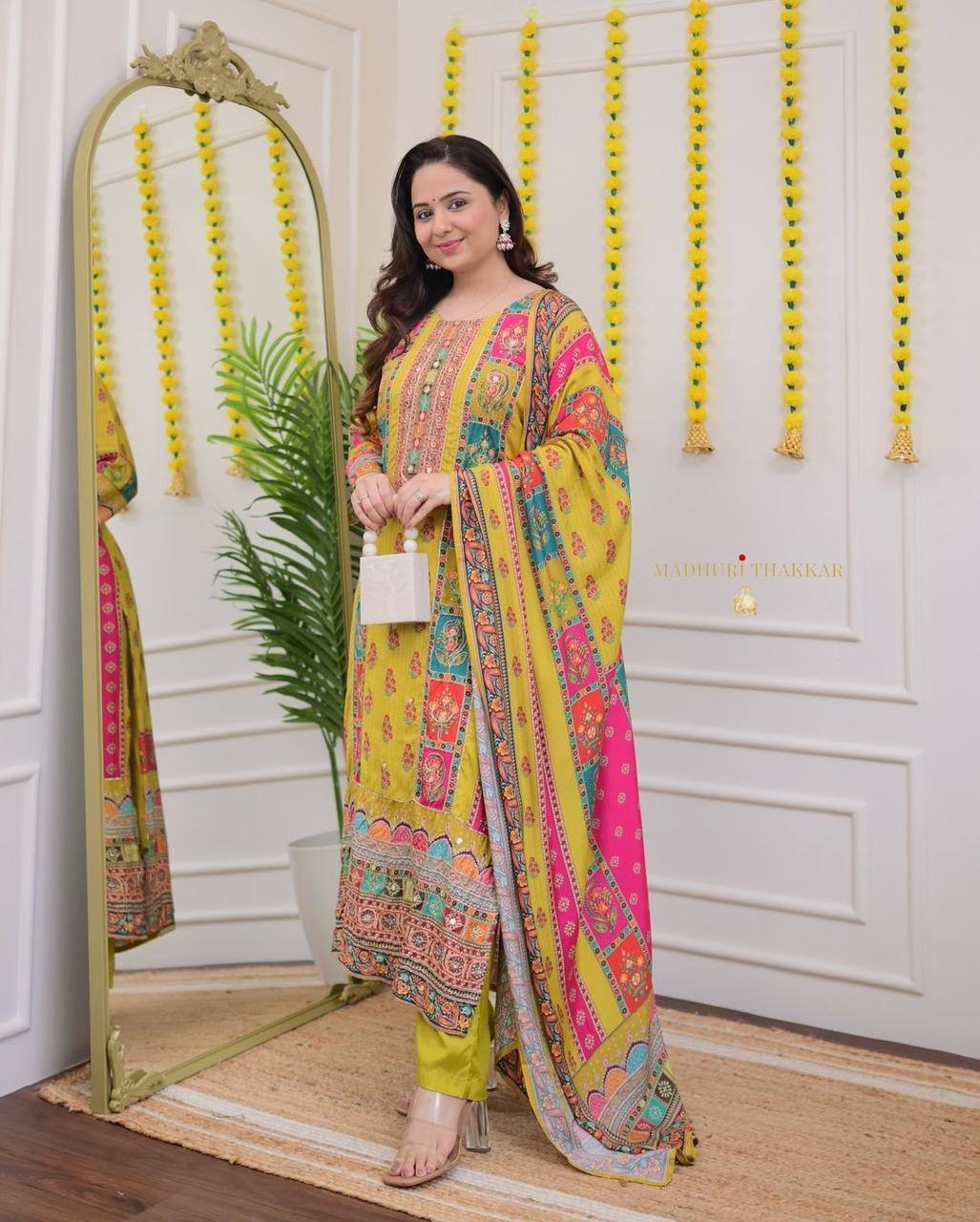 Multicoloured bandhni print with Stone work and Dupatta