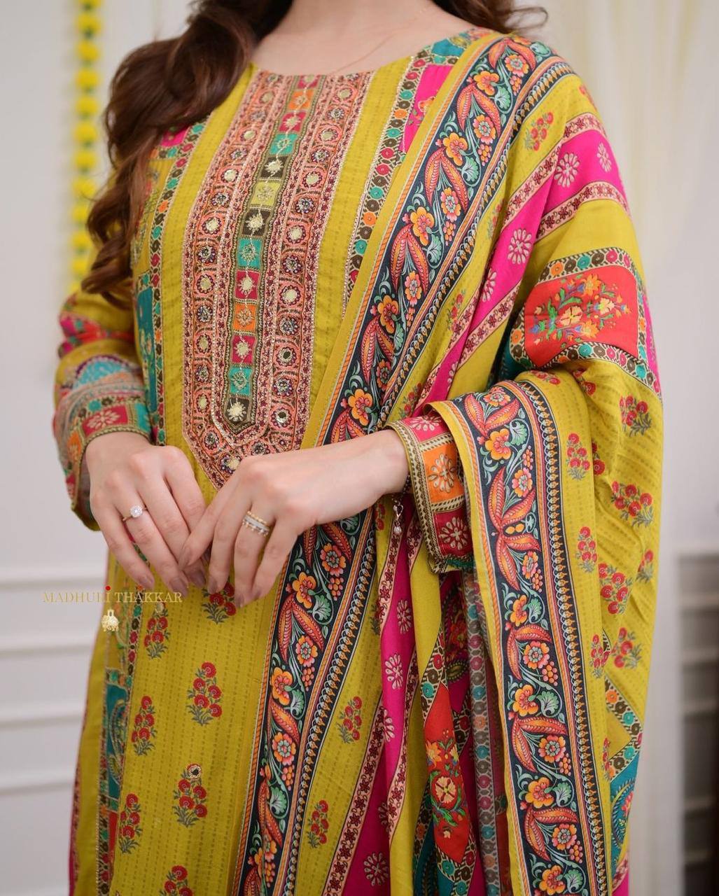 Multicoloured bandhni print with Stone work and Dupatta