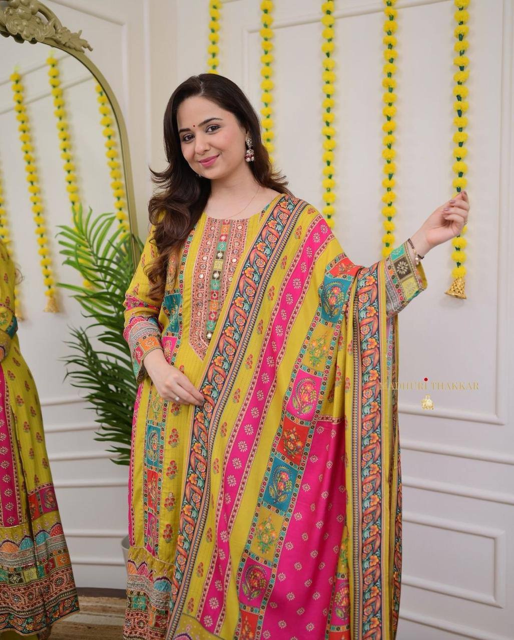 Multicoloured bandhni print with Stone work and Dupatta