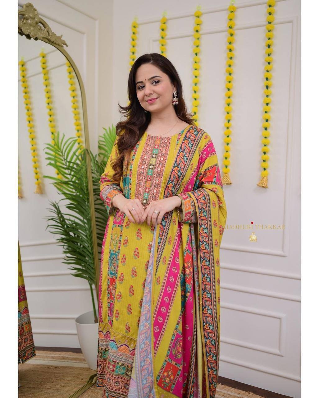 Multicoloured bandhni print with Stone work and Dupatta
