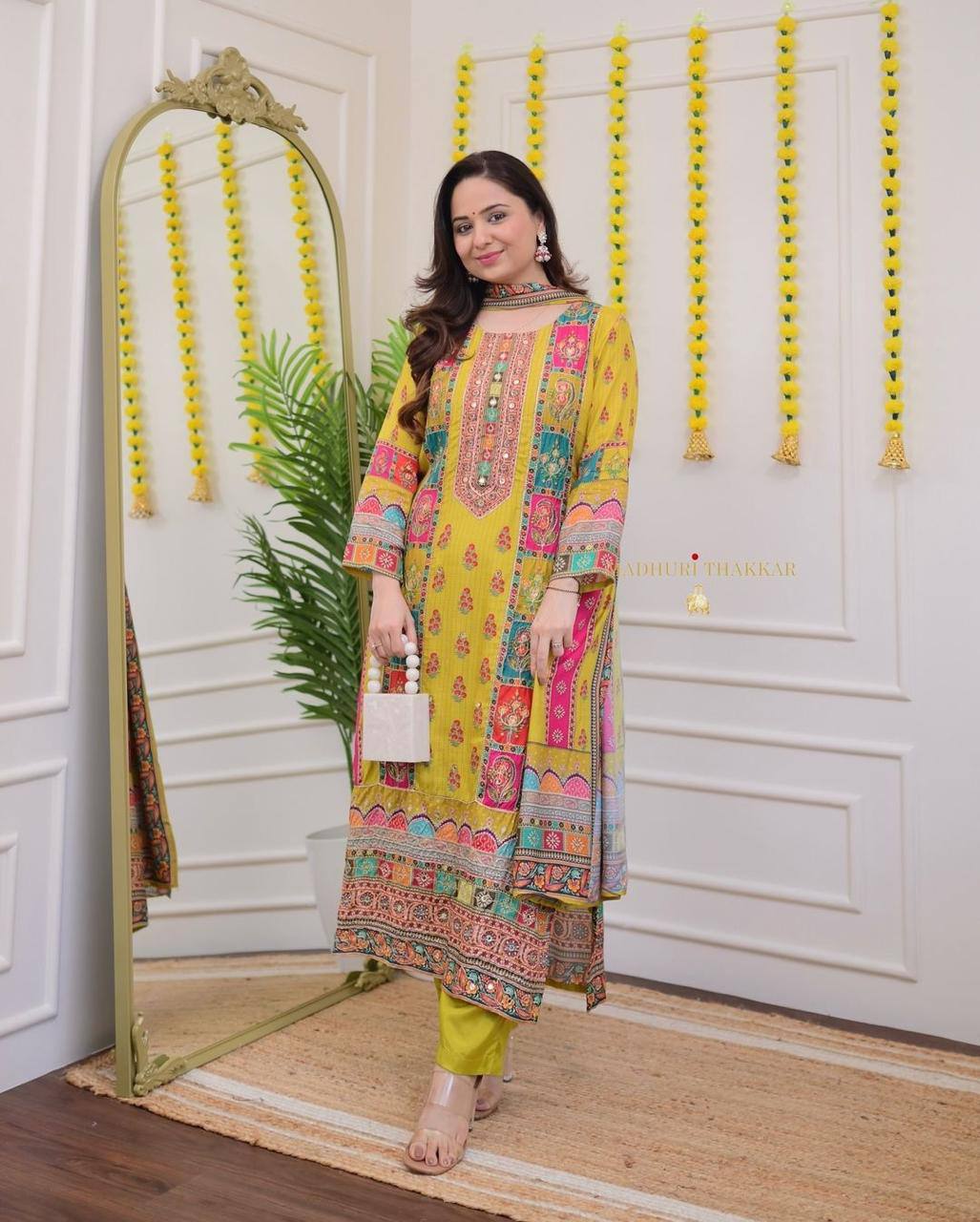 Multicoloured bandhni print with Stone work and Dupatta