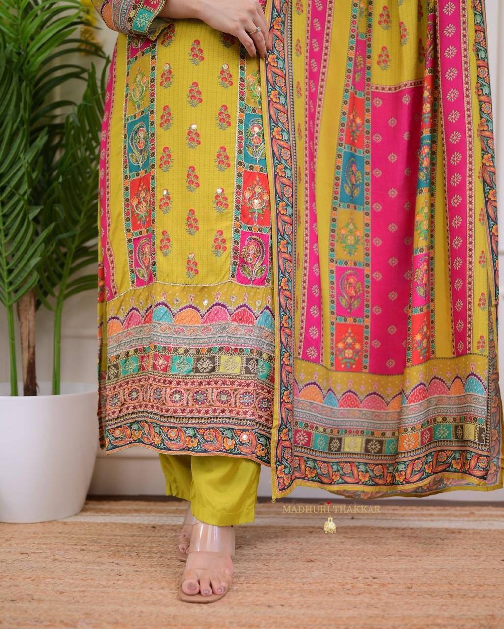 Multicoloured bandhni print with Stone work and Dupatta